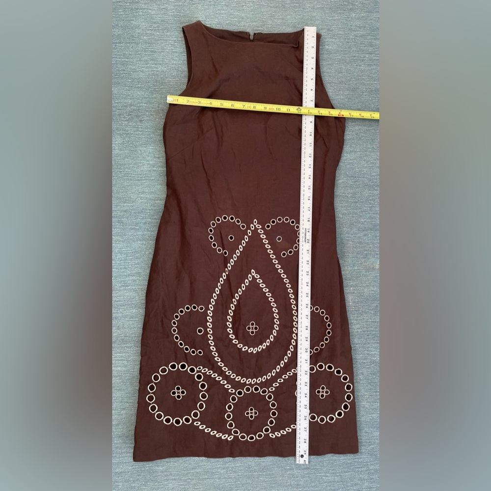 SAAC MIZRAH Brown Eyelet Linen Knee length Dress Size 10 - Picture 4 of 16